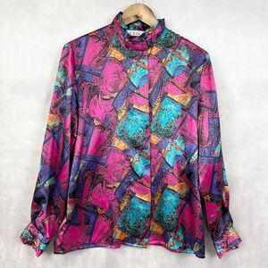 Vintage‎ Maxilou Womens Blouse Size 8 Satin Vibrant Dopamine Colorful Statement